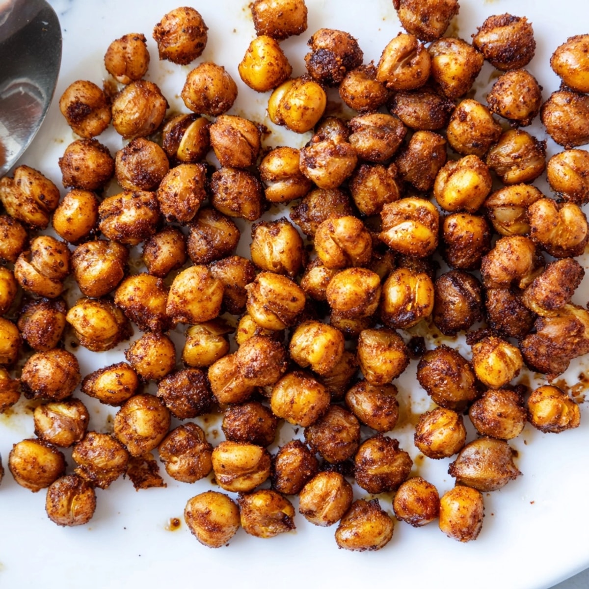 Golden Spicy Roasted Chickpeas, oven-baked to crispy perfection, ready for a crunchy snack.