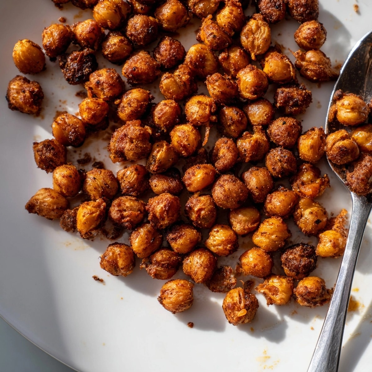 Homemade Spicy Roasted Chickpeas, deliciously seasoned and photographed on baking sheet, oven-fresh.