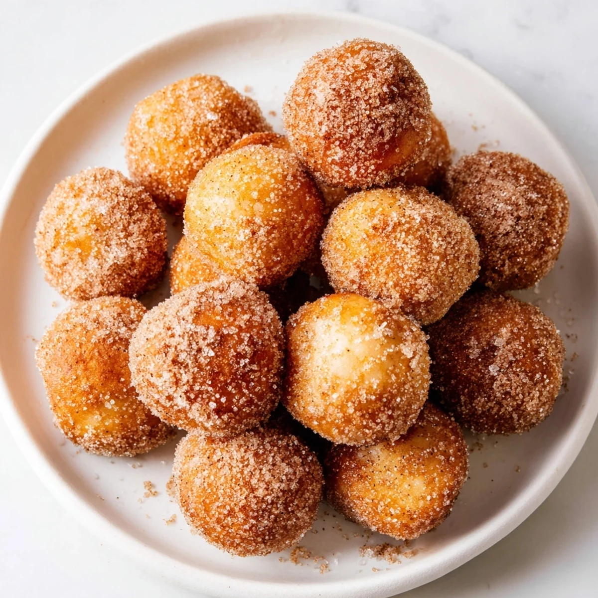 Soft and fluffy cinnamon sugar donut holes fresh from the fryer.  