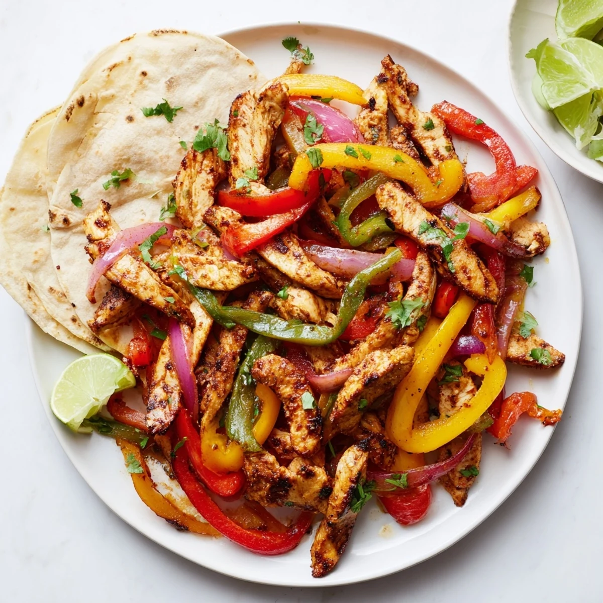 Colorful sheet pan chicken fajitas with tender veggies and zesty lime flavor.  