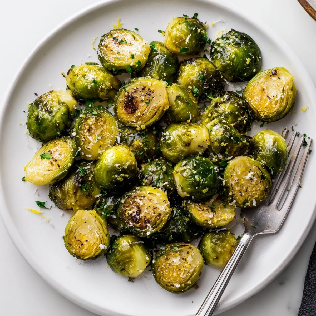 Savory Crispy Parmesan Brussels Sprouts garnished with parsley, deliciously crunchy and flavorful.