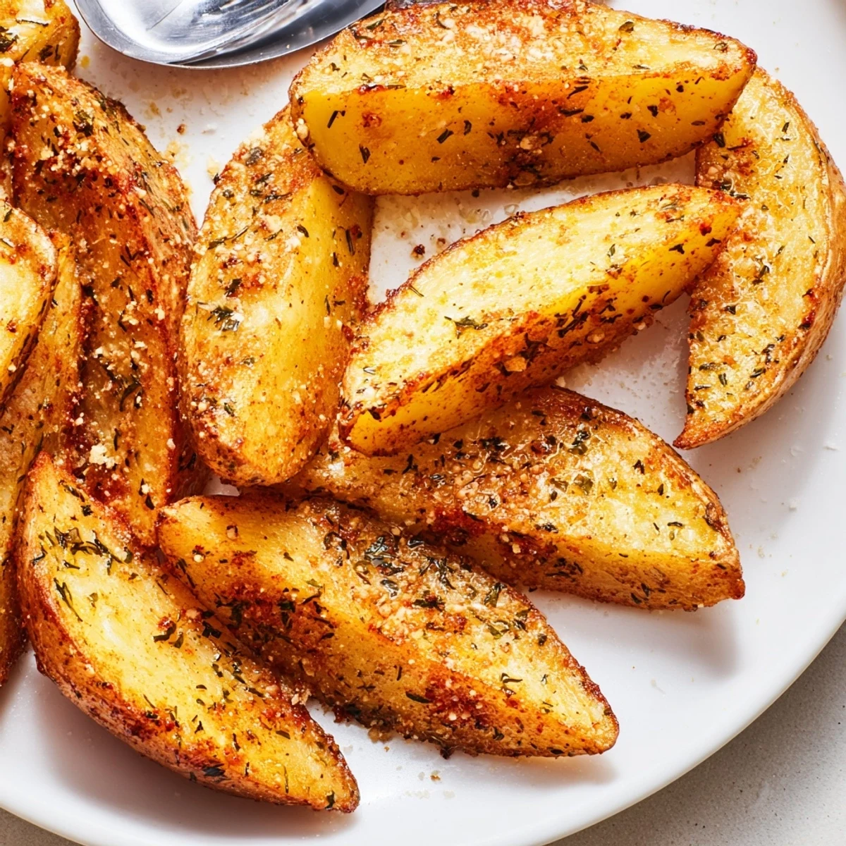 Savory garlic butter potato wedges, perfectly roasted for a delightful crunchy texture.