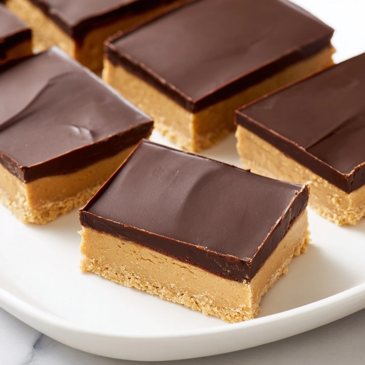 Decadent no-bake chocolate peanut butter bars topped with creamy chocolate goodness.  