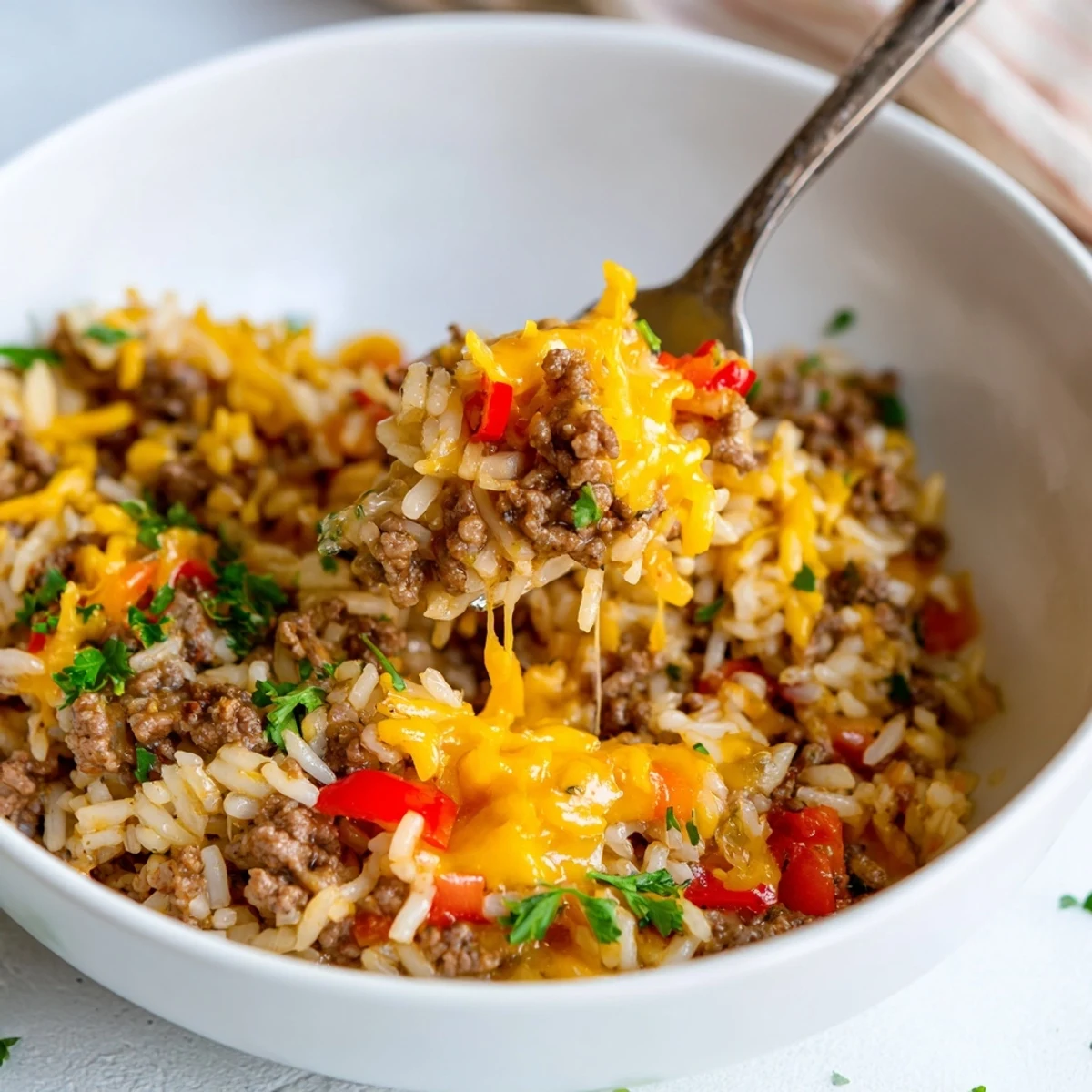 One-Pot Cheesy Beef and Rice cooked with melty cheddar cheese and colorful veggies.  
