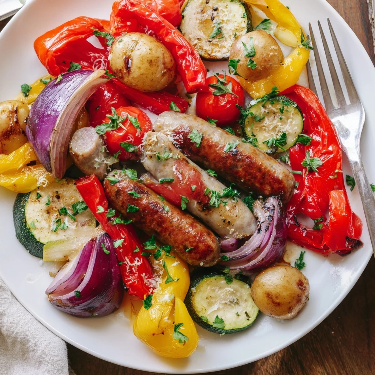 Vibrant Sheet Pan Sausage and Vegetables, perfectly roasted with juicy sausages and fresh herbs.  