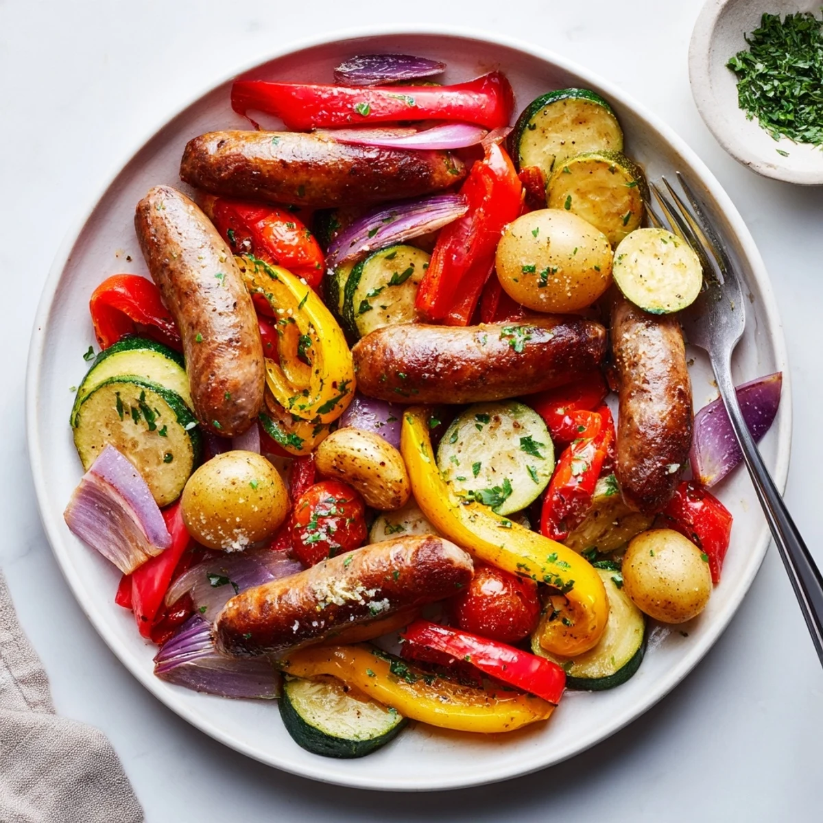 A hearty Sheet Pan Sausage and Vegetables meal, filled with colorful veggies and spices.  