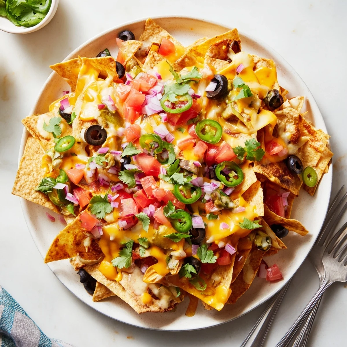 Colorful loaded nachos drizzled with sour cream and garnished with lime.