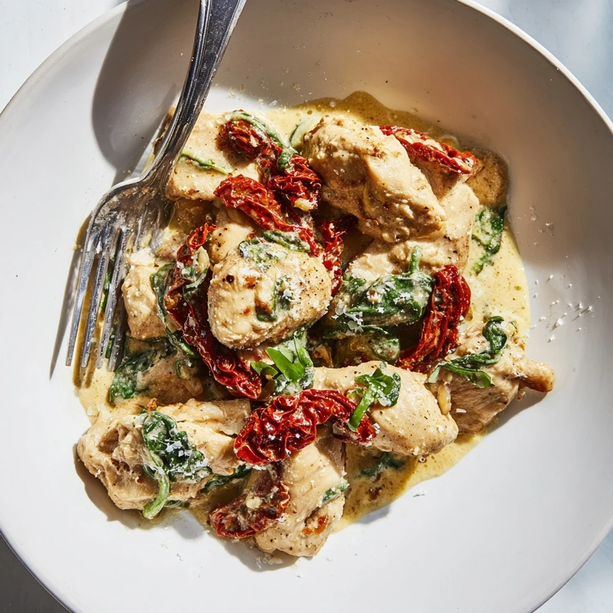 Succulent One-Pan Creamy Tuscan Chicken in garlic-Parmesan sauce with vibrant spinach.