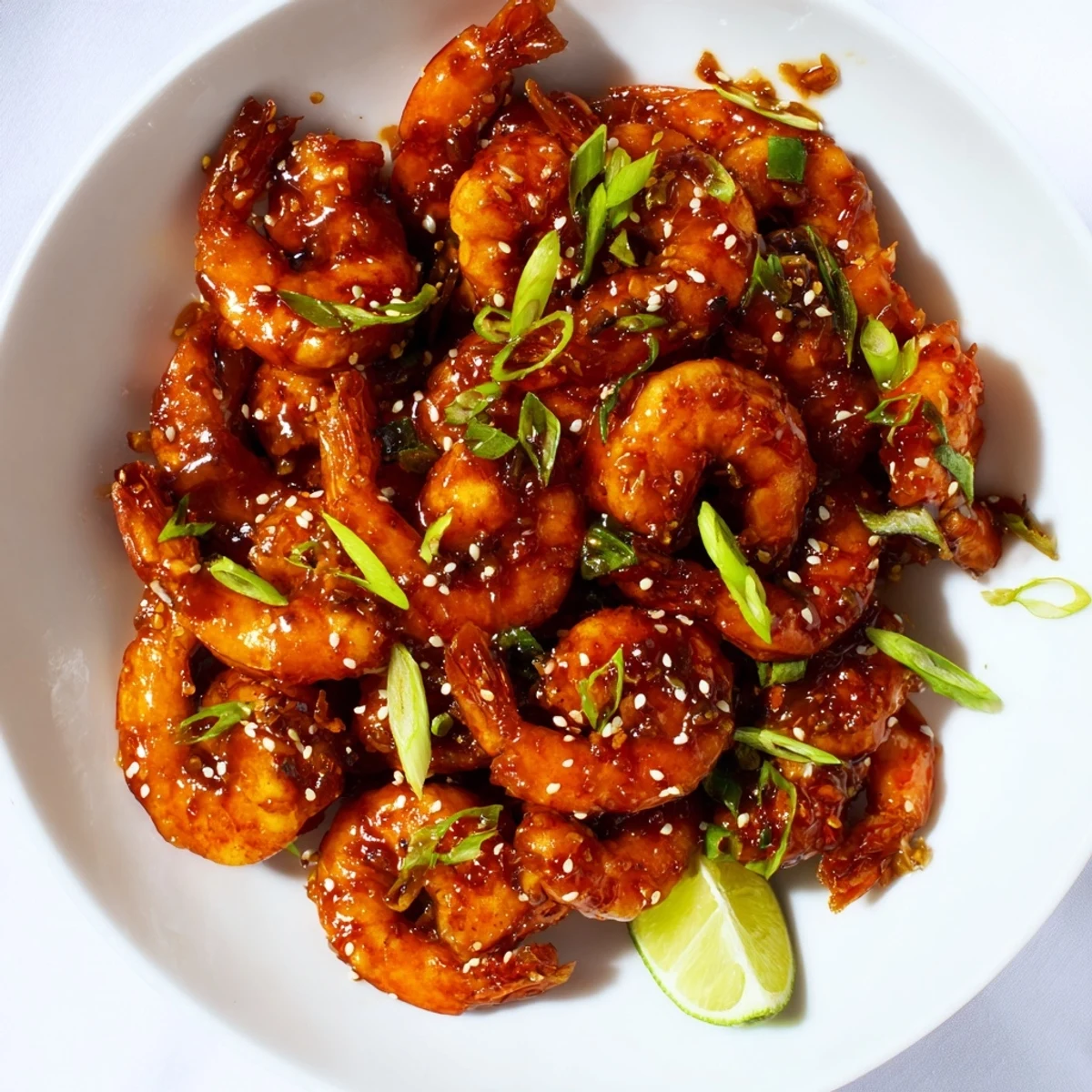 Succulent spicy honey garlic shrimp served over fluffy jasmine rice for a vibrant meal.  
