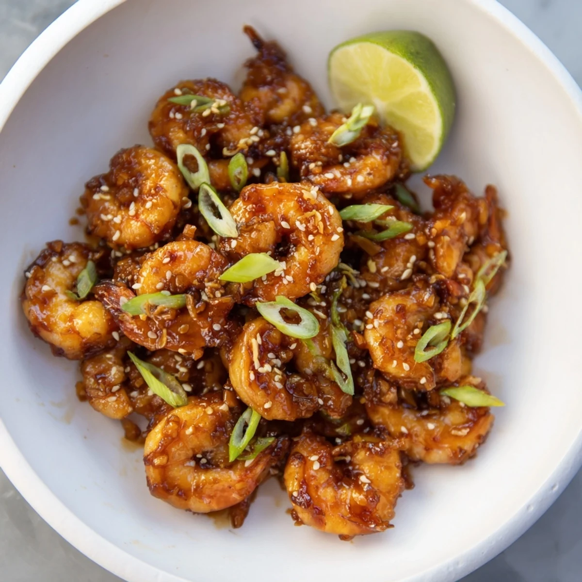 Quickly cooked spicy honey garlic shrimp garnished with lime wedges and sesame seeds.