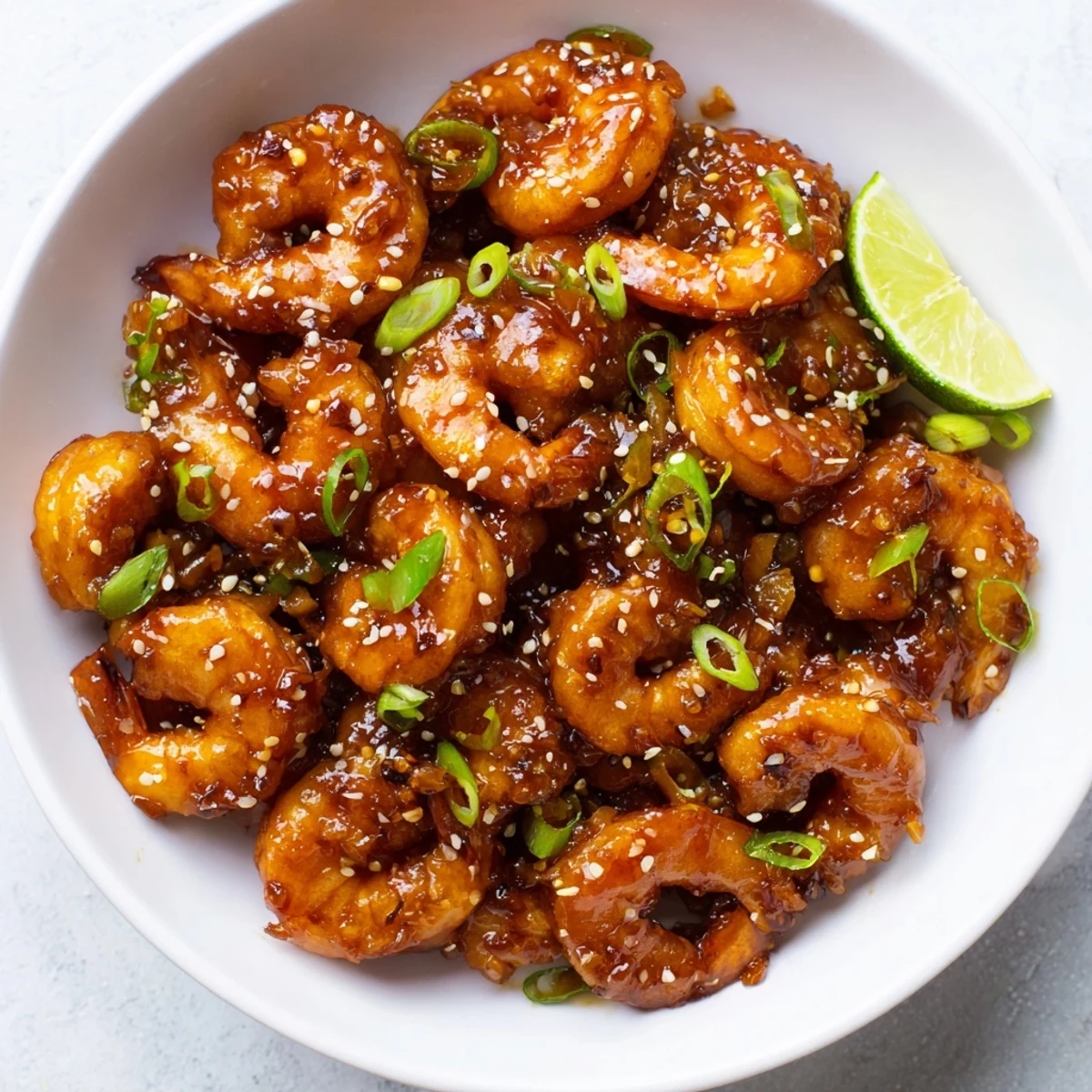 A delicious plate of spicy honey garlic shrimp topped with fresh green onions.  