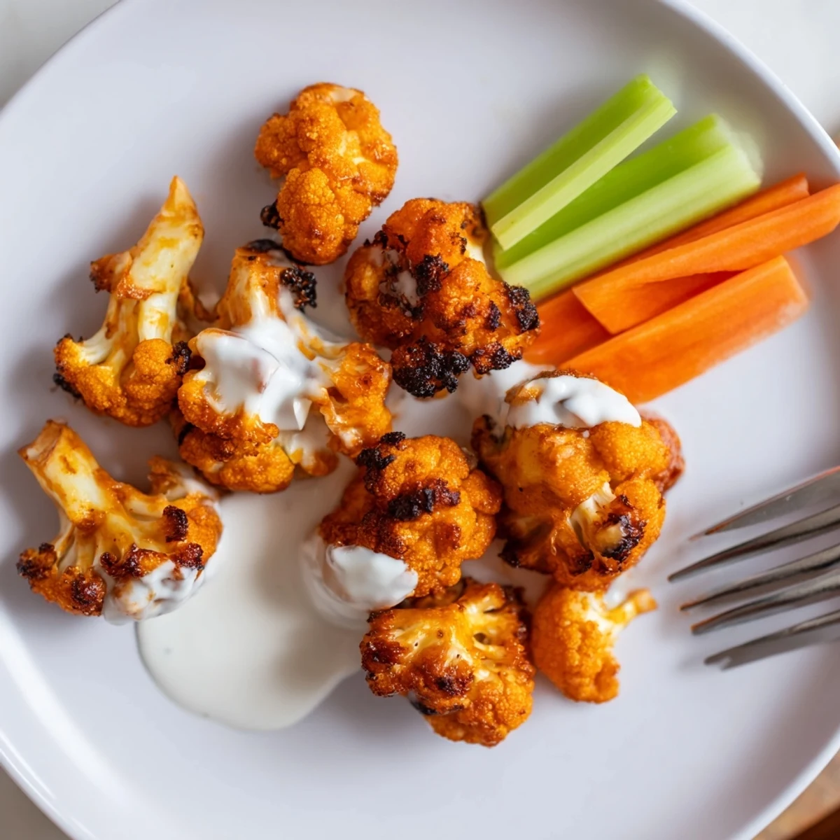 Golden-brown Buffalo Cauliflower Bites served with creamy ranch dressing and fresh veggies.  