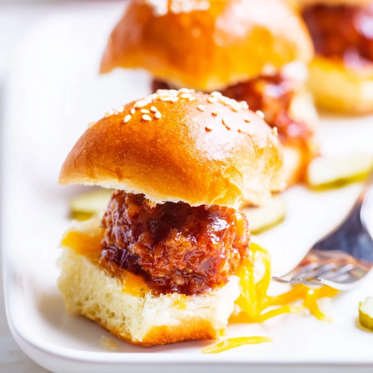 Mouthwatering BBQ Meatball sliders dripping with sauce, served warm in soft buns.  