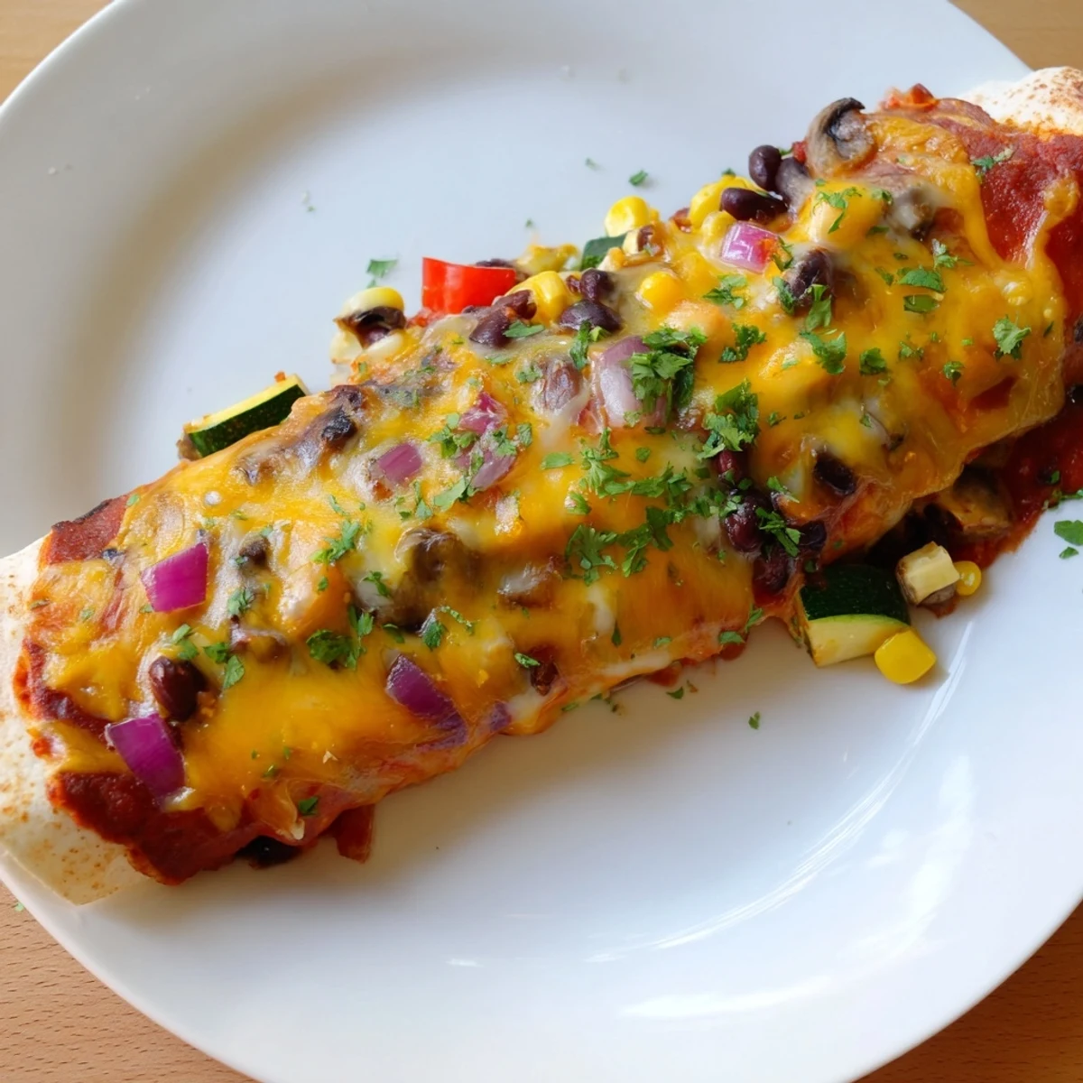 A close-up of cheesy, baked Farmers Market Vegetarian Enchiladas, showcasing colorful vegetables and warm sauce.