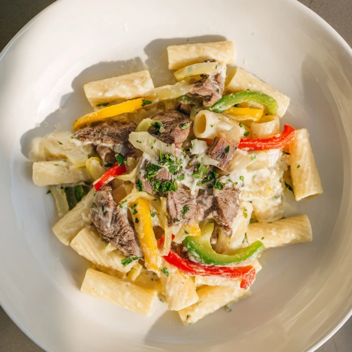 Steaming Philly Cheese Steak Pasta, with tender beef and melted cheese, a comforting American dinner.