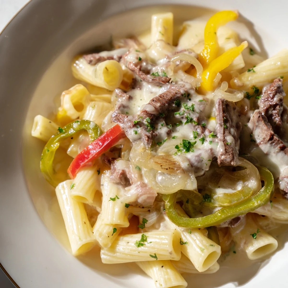 A vibrant photo of creamy Philly Cheese Steak Pasta, garnished with fresh parsley, ready to enjoy.