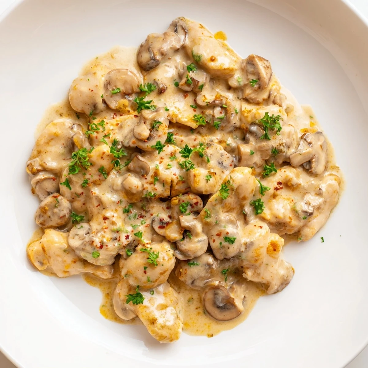 Creamy chicken stroganoff, a warm and comforting dish, swimming in a thick, rich mushroom sauce.