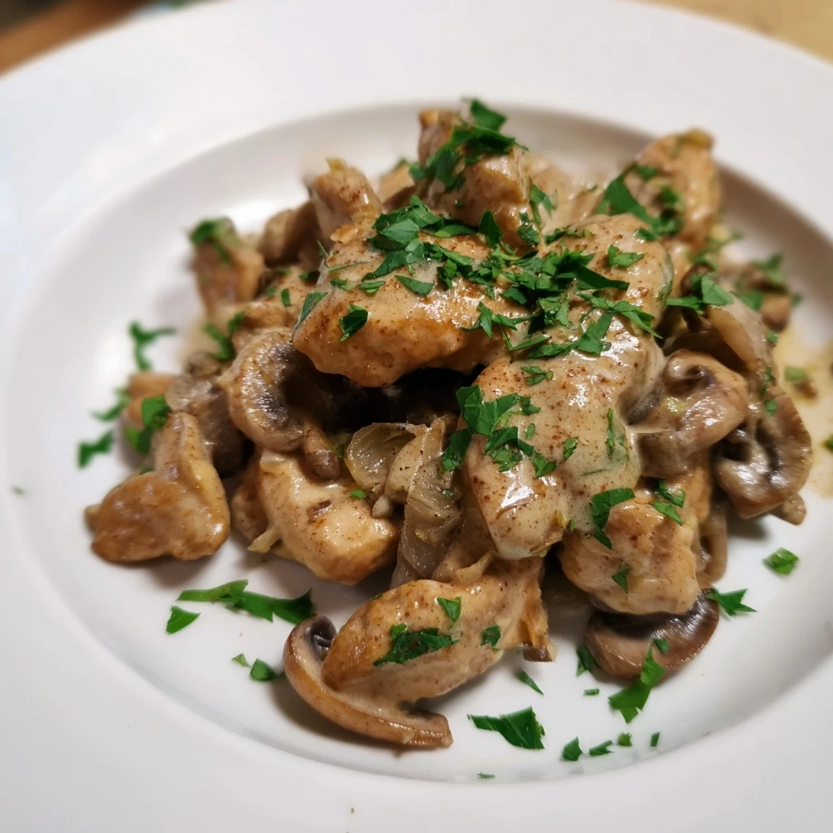 This creamy chicken stroganoff shows tender chicken pieces, ready to be served over fluffy egg noodles.
