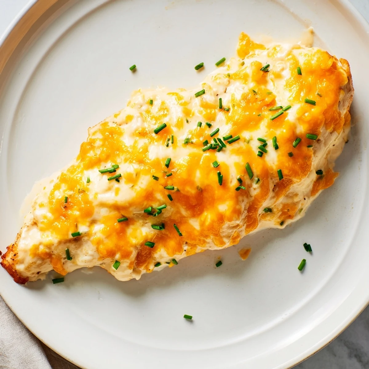 Golden-brown Cheddar Ranch Chicken Bake, bubbly cheese covering juicy chicken, ready to enjoy with sides.