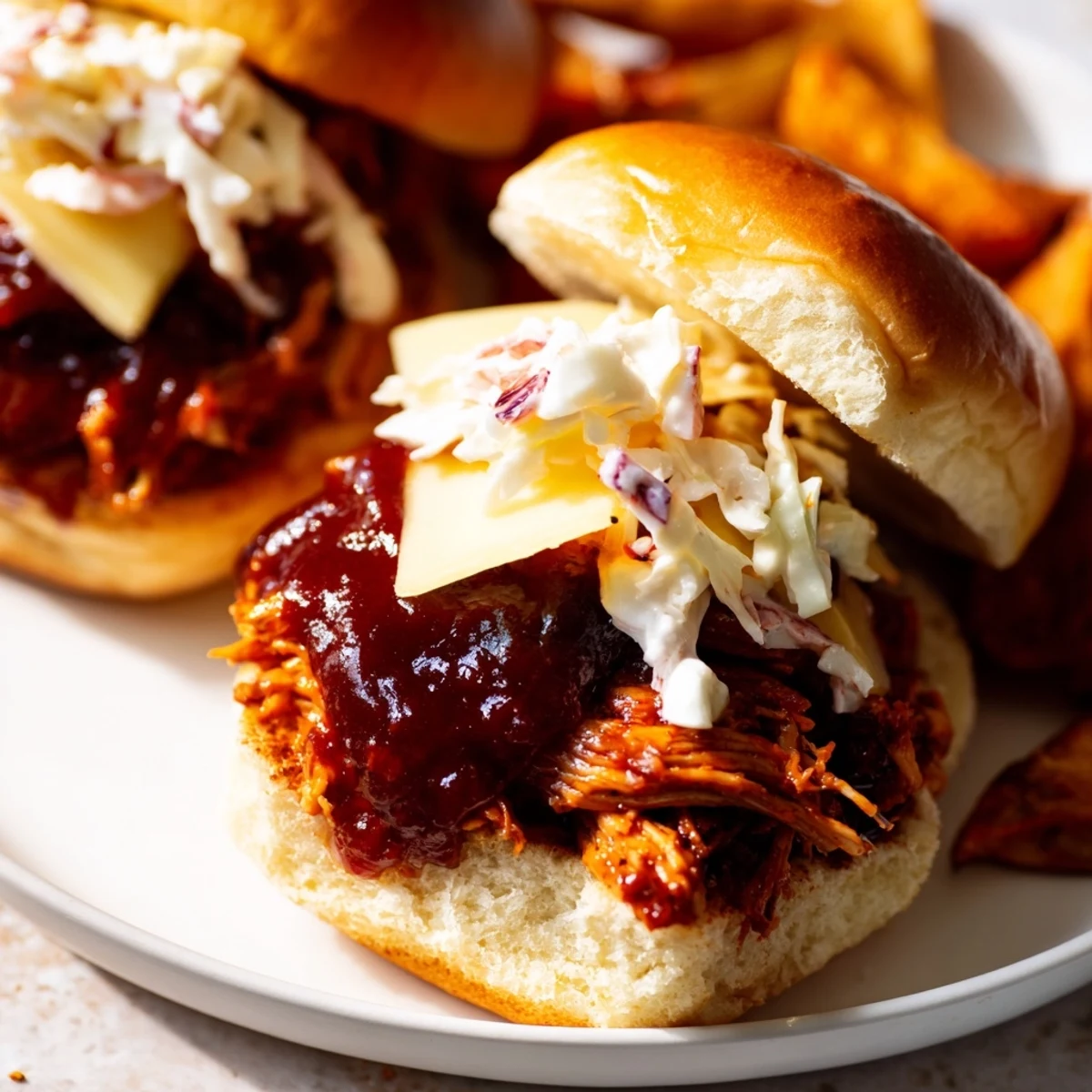 Golden, crispy fries accompany flavorful BBQ Chicken Sliders on soft toasted buns, ready to enjoy.