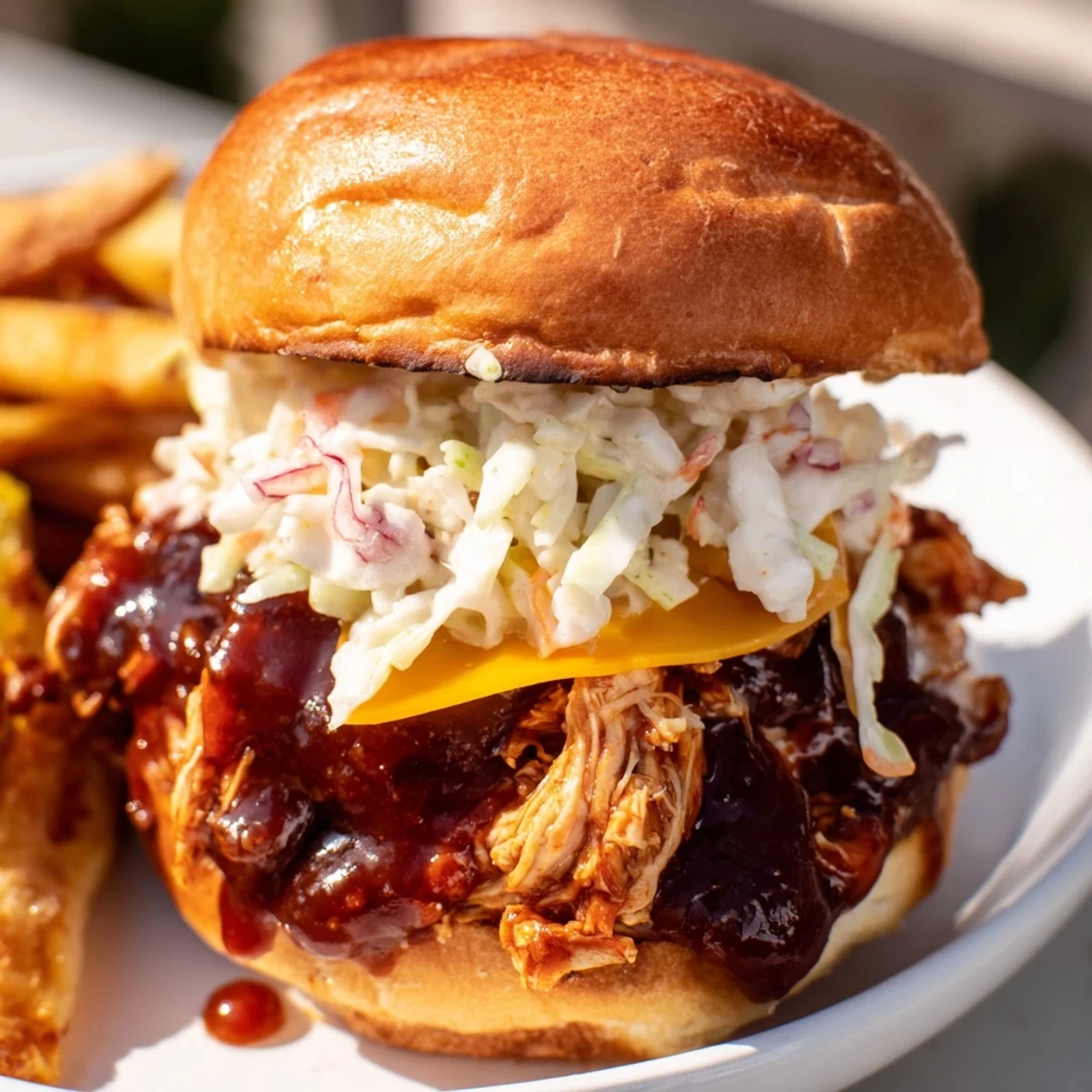 A close-up of delicious BBQ Chicken Sliders, bursting with juicy chicken, cheese, and coleslaw.