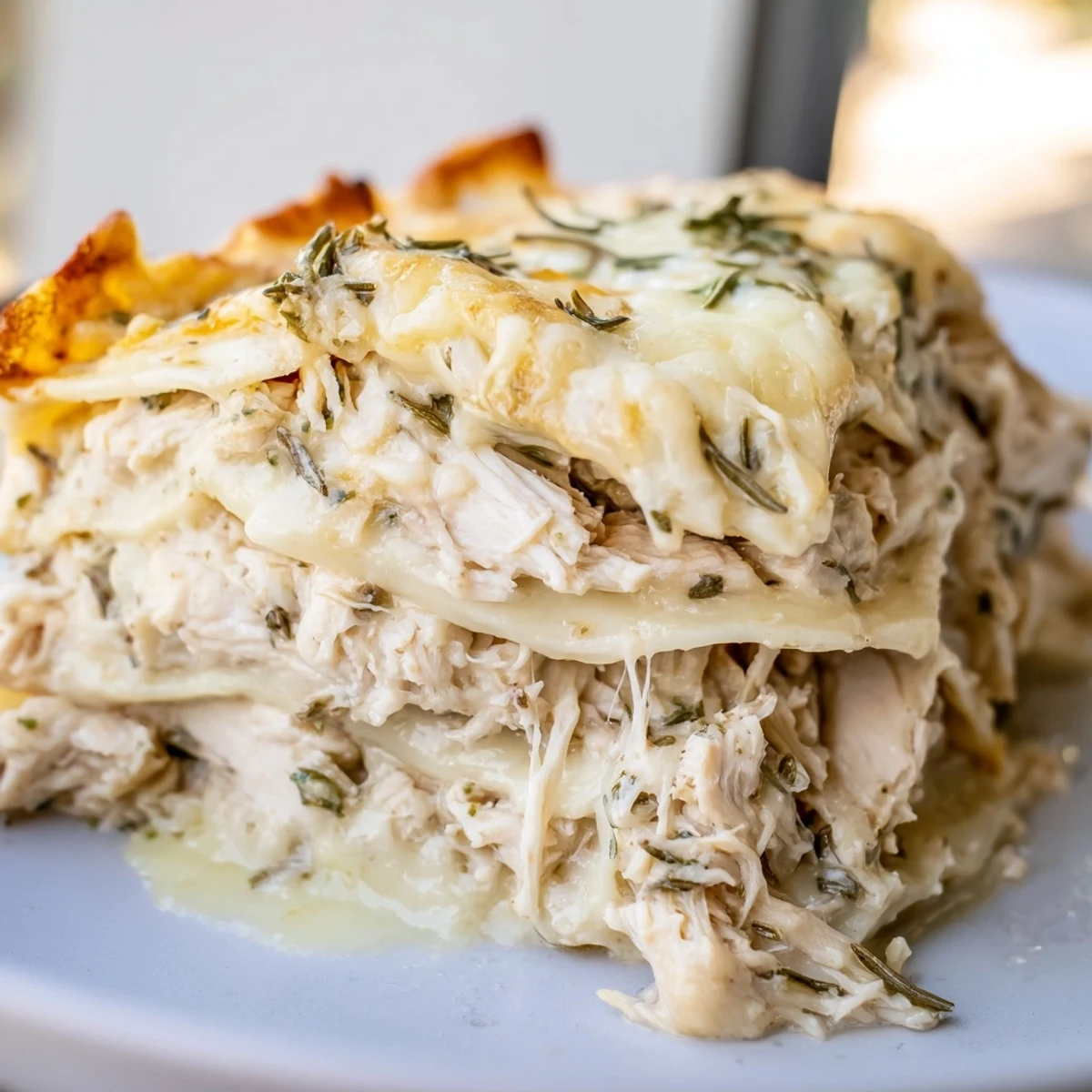 Golden, bubbly Rosemary Chicken Lasagna in a baking dish, ready to serve with a garnish.