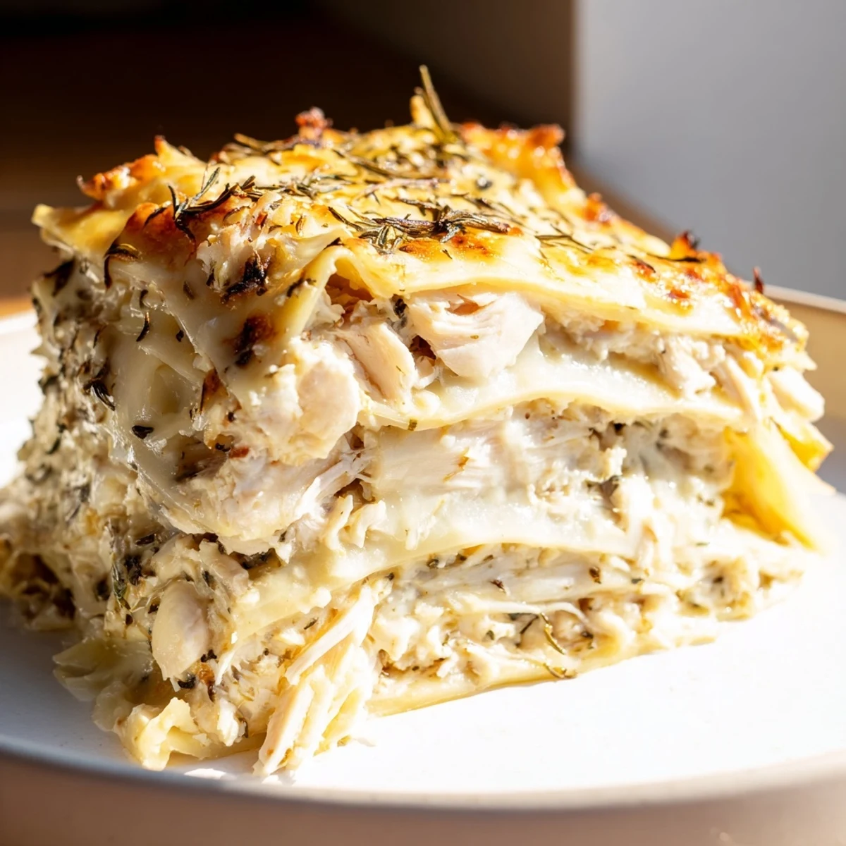 Cheesy, flavorful layers of Rosemary Chicken Lasagna, with steam rising from a hot pan for a delectable dinner.