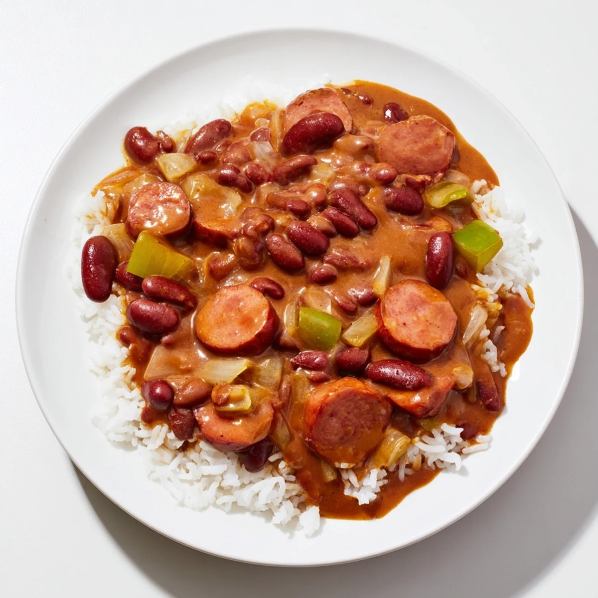 Steaming hot red beans and rice, a classic Creole dish with savory sausage and fluffy rice.