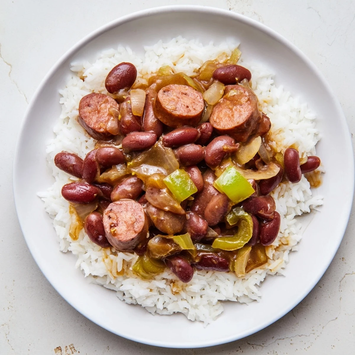 A hearty bowl of red beans and rice, showcasing creamy beans and smoky sausage, perfect for dinner.