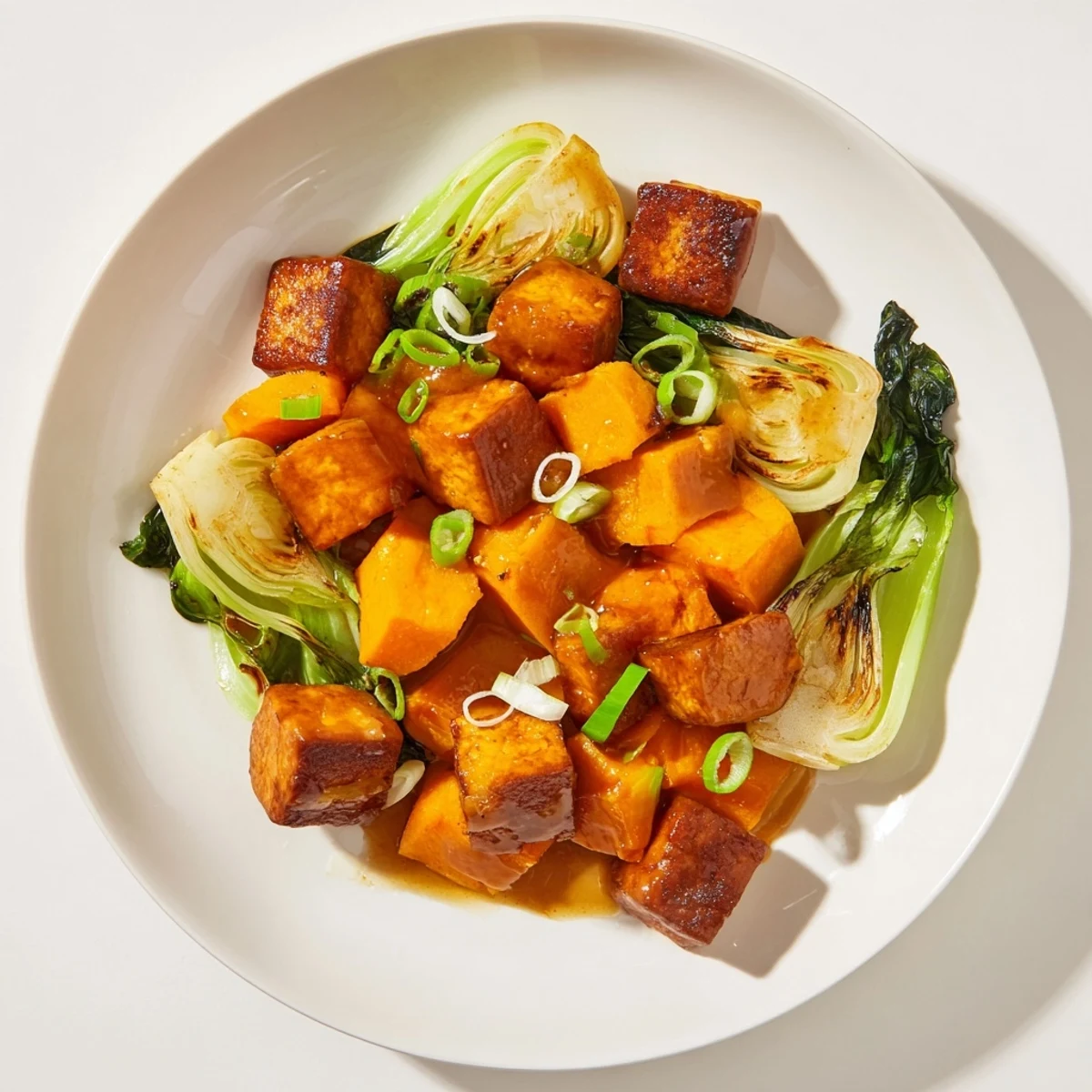 Miso-Glazed Tofu & Squash: Golden-brown tofu and roasted squash sit, drizzled with savory, glistening glaze.