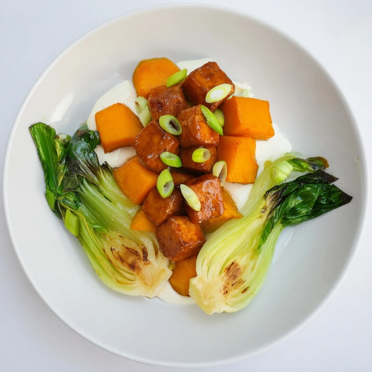 This photo features Miso-Glazed Tofu & Winter Squash, a delicious, plant-based Asian-inspired dish.