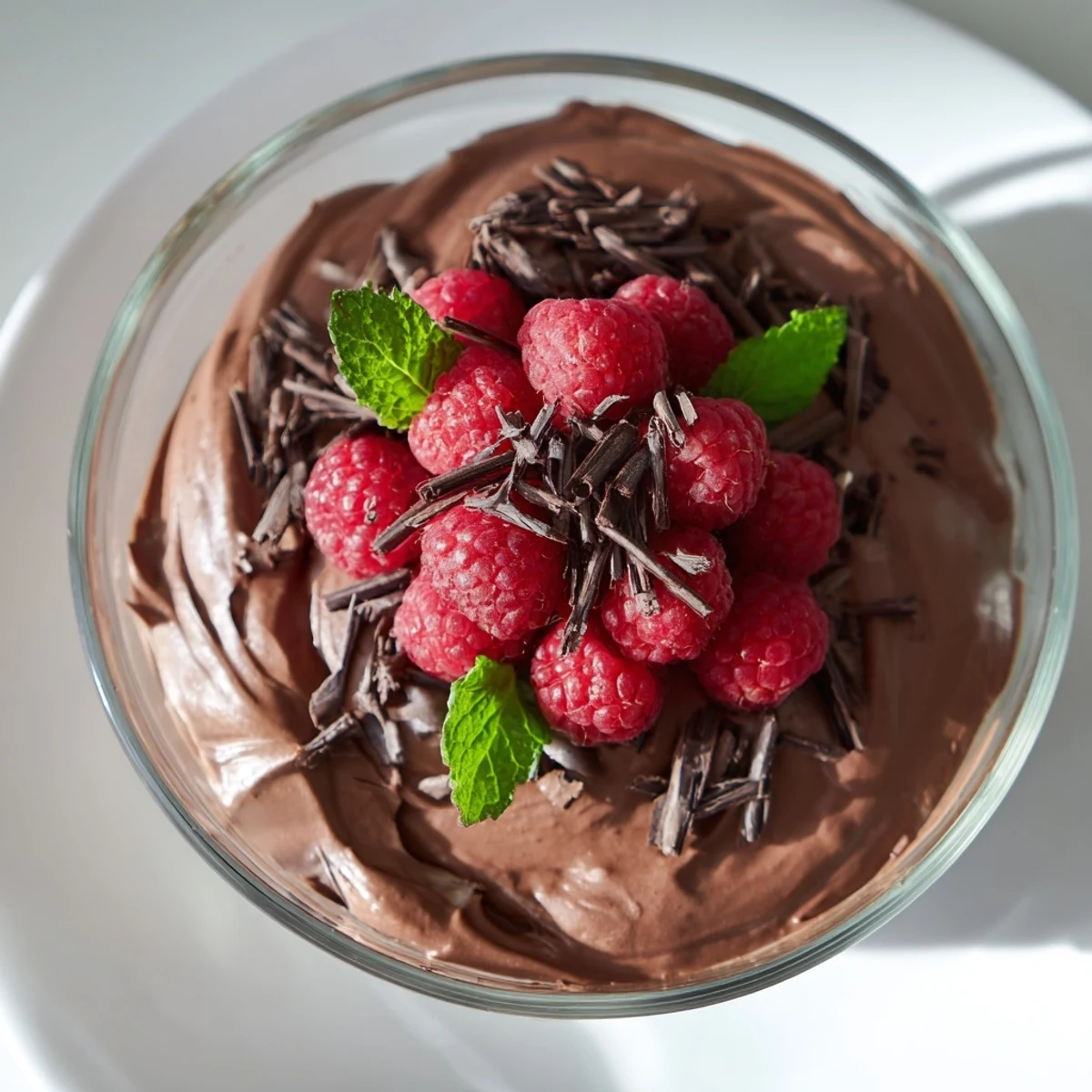 Thick, creamy avocado chocolate mousse topped with vibrant red raspberries, a delightful dessert.