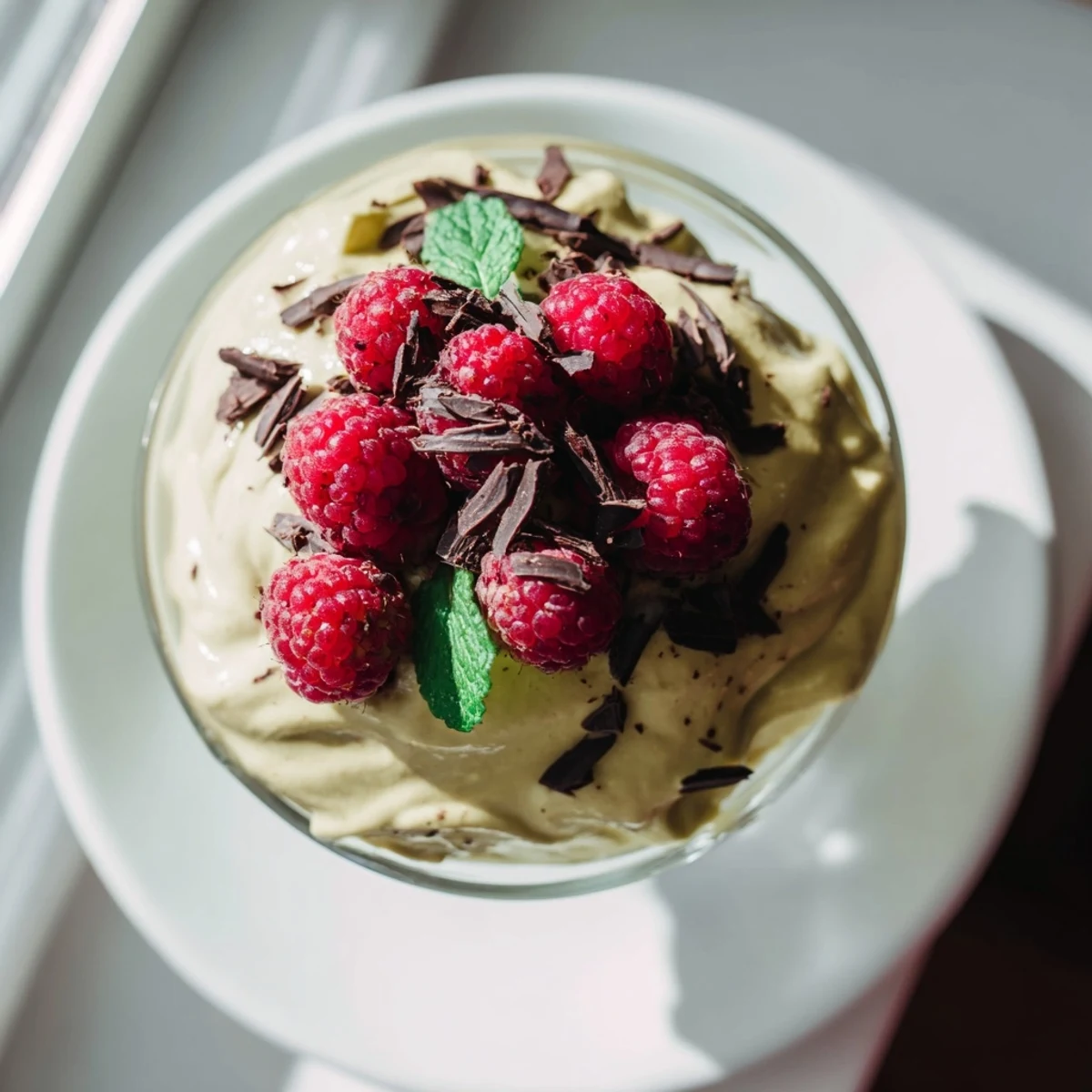 Decadent avocado chocolate mousse in a glass, with fresh raspberries offering a beautiful color contrast.
