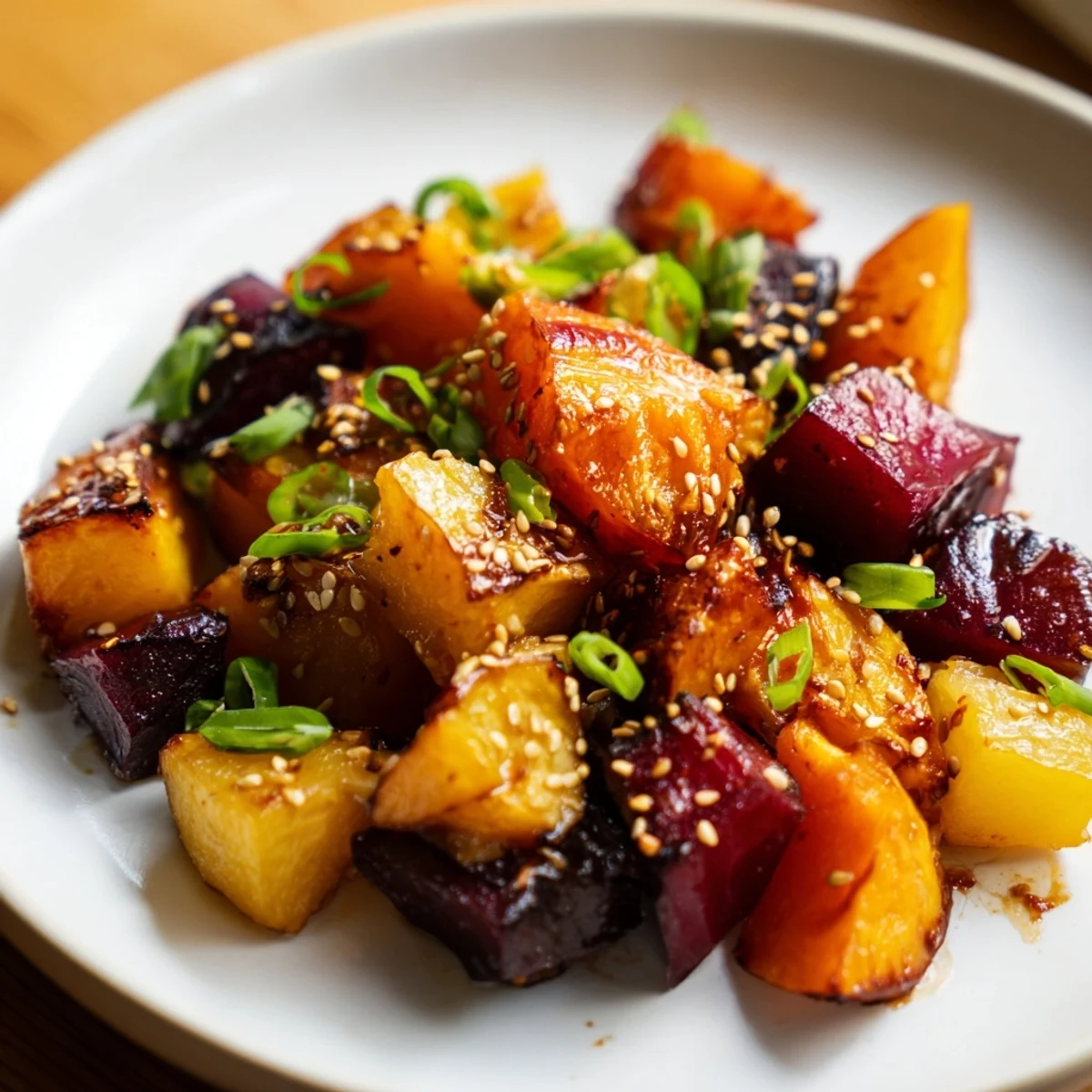 Golden-brown Miso Roasted Winter Vegetables, ready to serve with toasted sesame seeds and green onions.