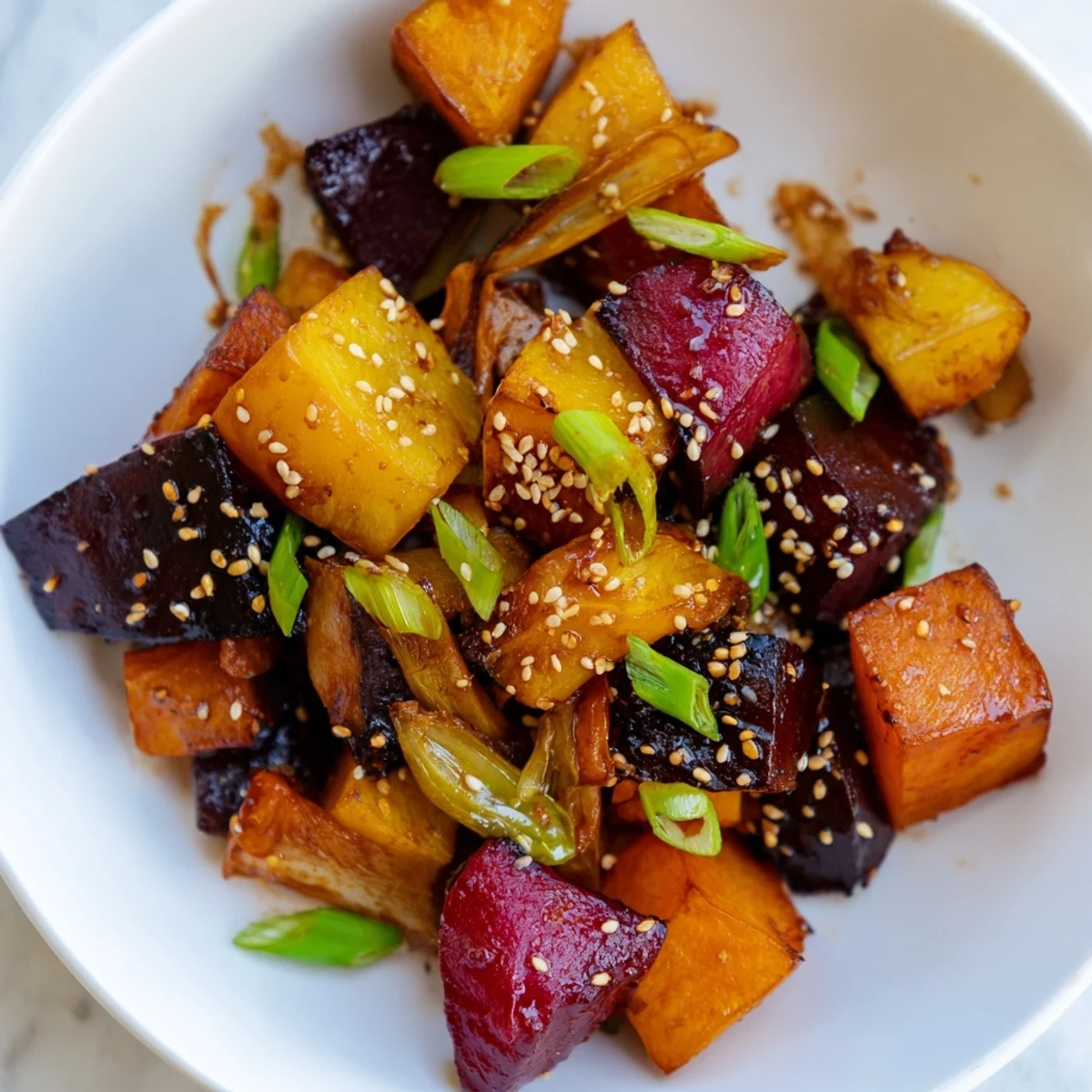 Vibrant image of caramelized Miso Roasted Winter Vegetables, glazed and glistening after roasting.