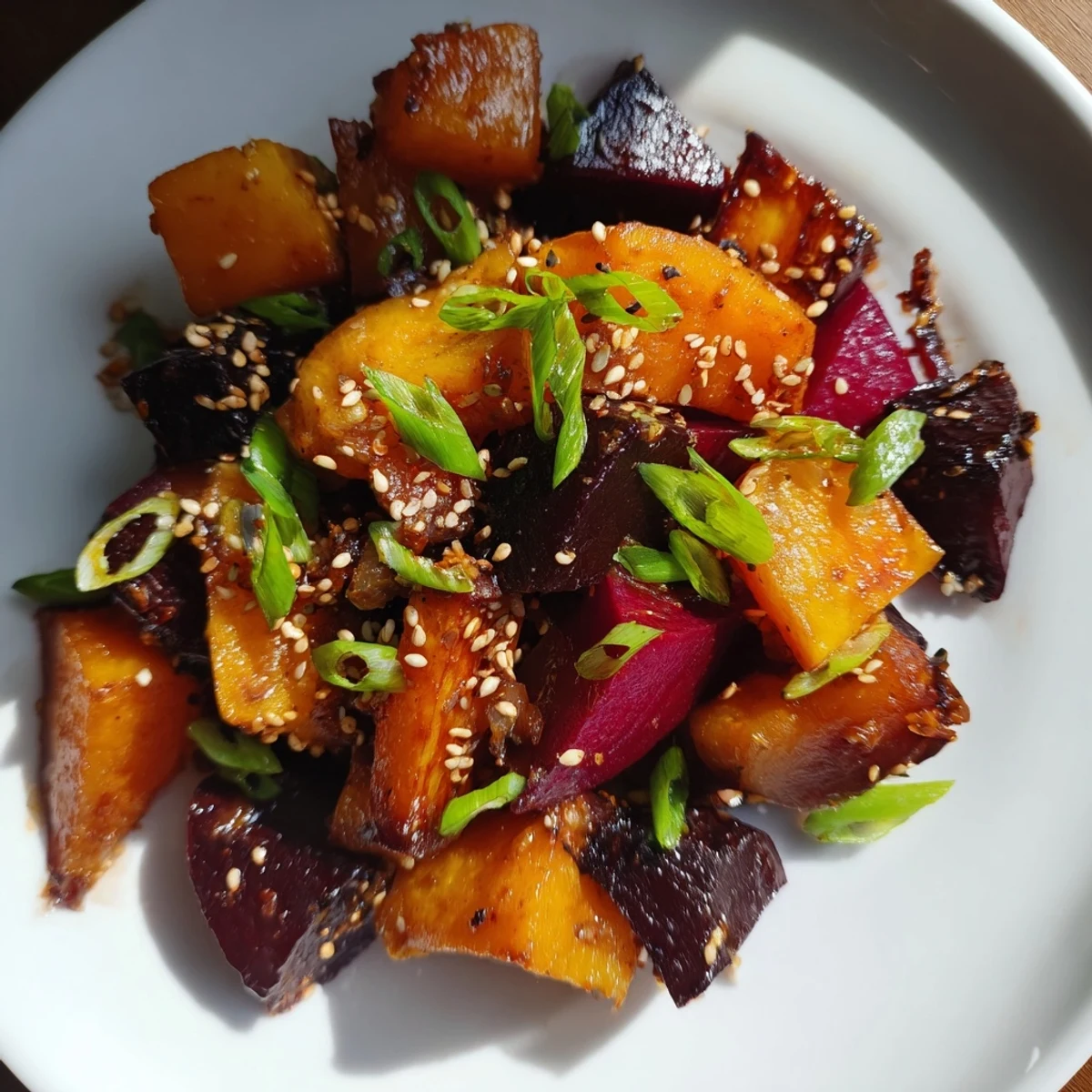 Warm and savory Miso Roasted Winter Vegetables, a delicious vegetarian side dish, fresh from the oven.