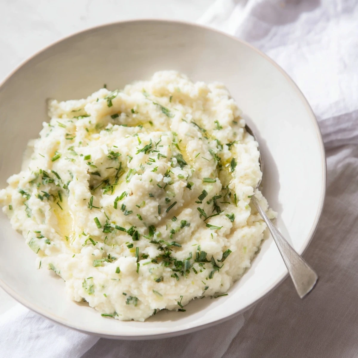 Creamy Cauliflower Mash with Garlic and Lemon Herb, ready to serve, a bright and flavorful side.