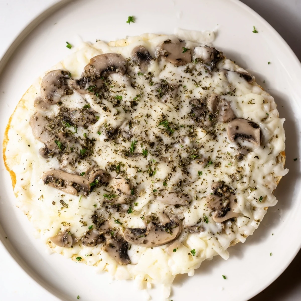 Golden, bubbling extra cheese covers a gourmet frozen pizza, mushrooms and herbs visible on top.