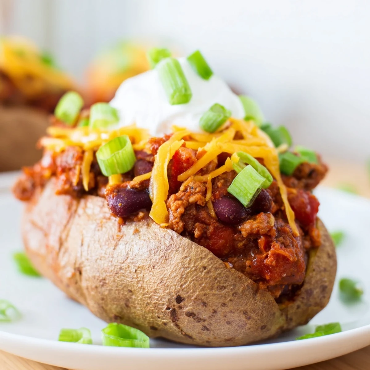 Steaming, fluffy Chili-Style Baked Potatoes overflowing with savory chili and tempting cheese; a fantastic meal.