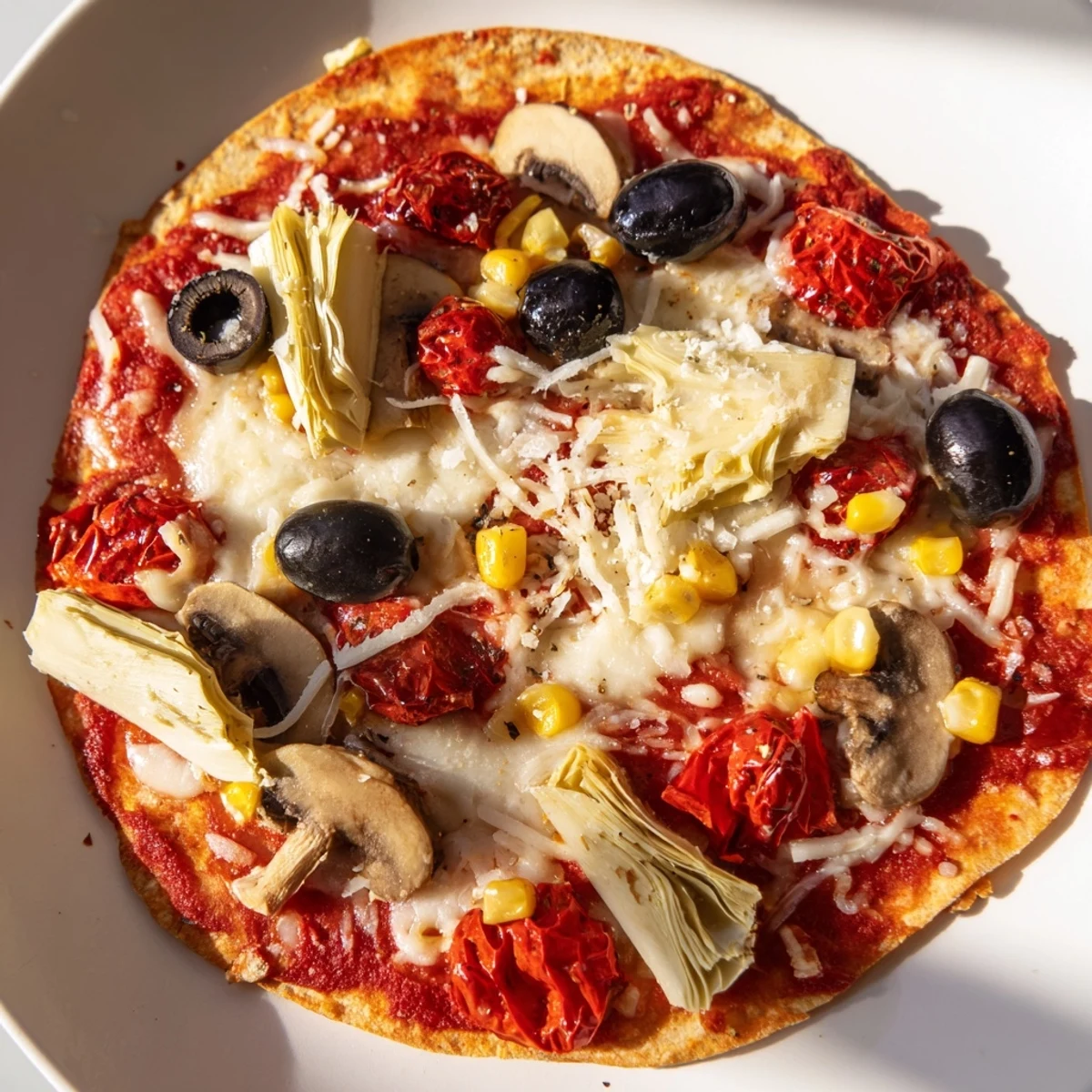 Golden tortilla pizza with bubbling mozzarella and pantry toppings, ready to eat.