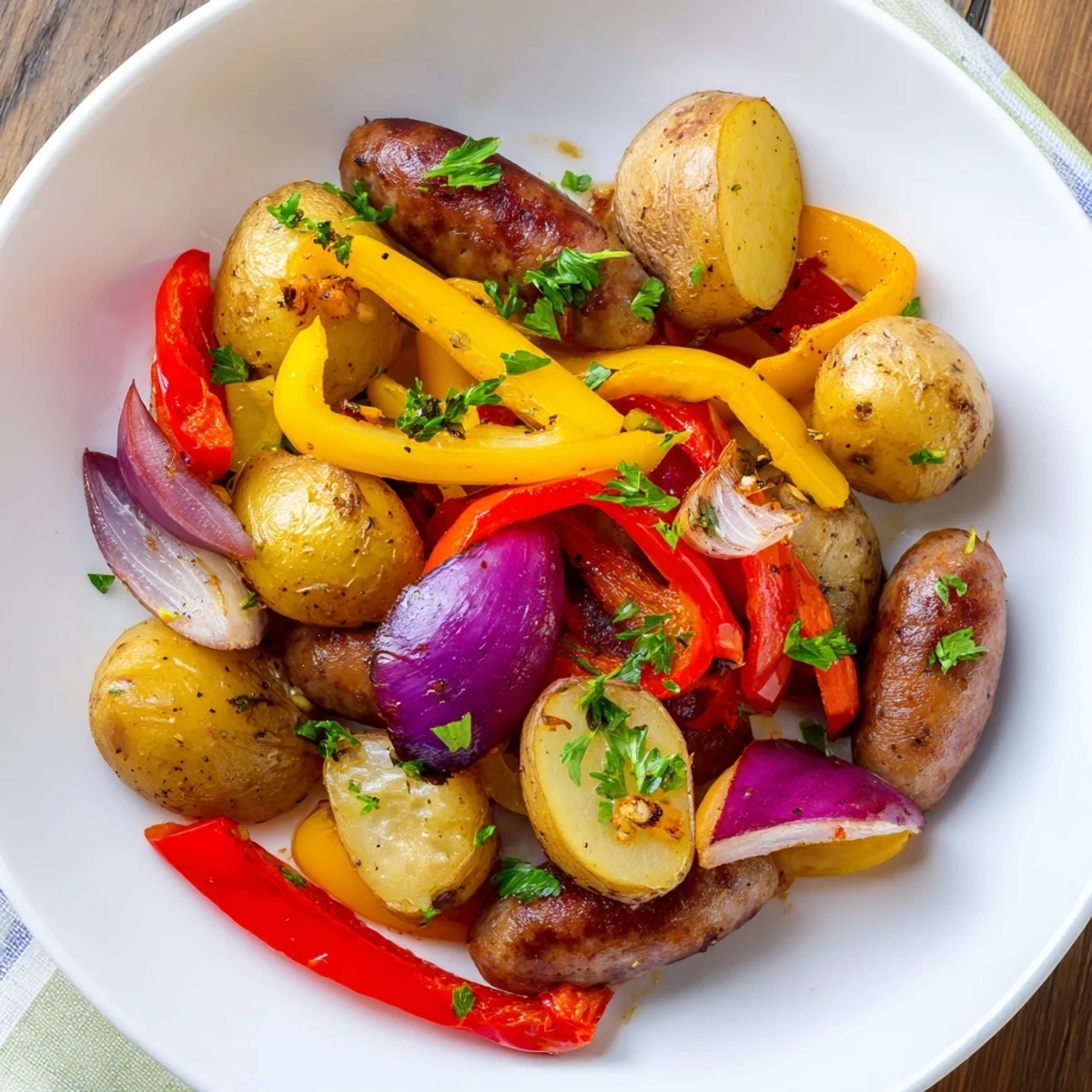 Sheet-Pan Sausage with Peppers showcases golden roasted potatoes and sizzling sausages with colorful vegetables.