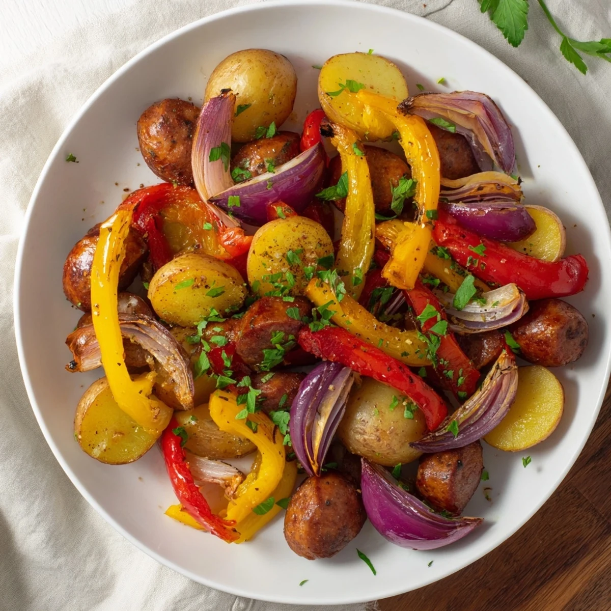 Close-up of sheet-pan sausage with peppers, surrounded by tender, caramelized vegetables and juicy sausages.