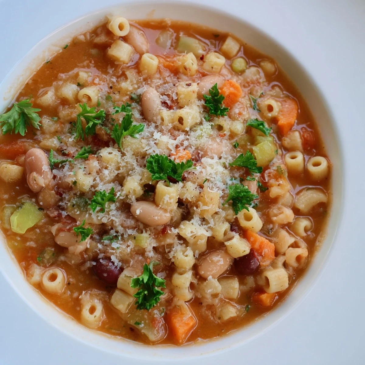 Hearty Pasta e Fagioli soup in a bowl with fresh herbs, ready to be enjoyed.