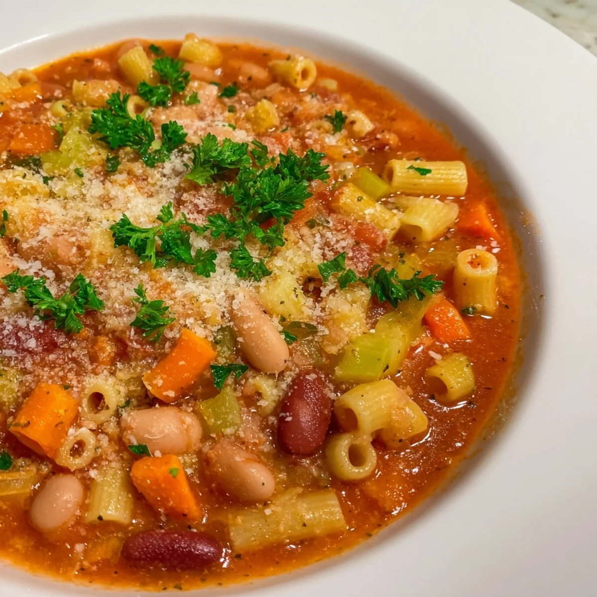 Steaming bowl of Pasta e Fagioli, a classic Italian soup with savory tomato broth.