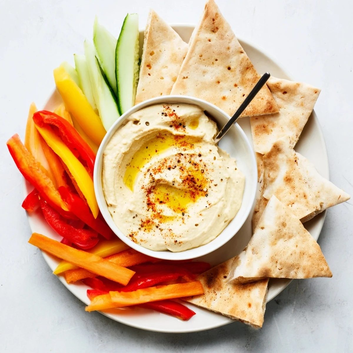 Creamy DIY hummus with warm pita bread, crisp veggie sticks for a healthy snack platter.