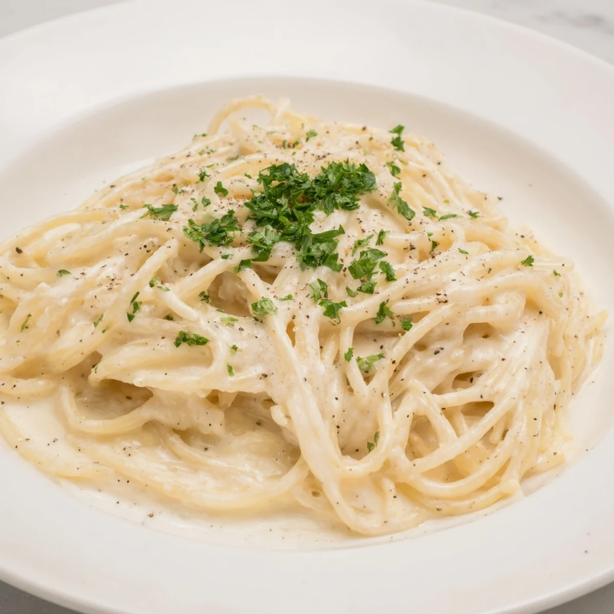 Golden strands of Creamy Three-Cheese Spaghetti coated in a rich, bubbling cheese sauce, ready to serve.