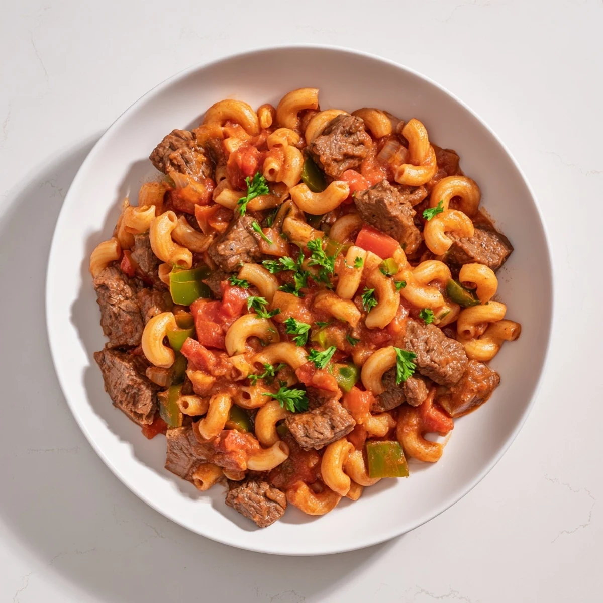 A steaming bowl of goulash, hearty beef or turkey simmered with pasta and rich sauce.