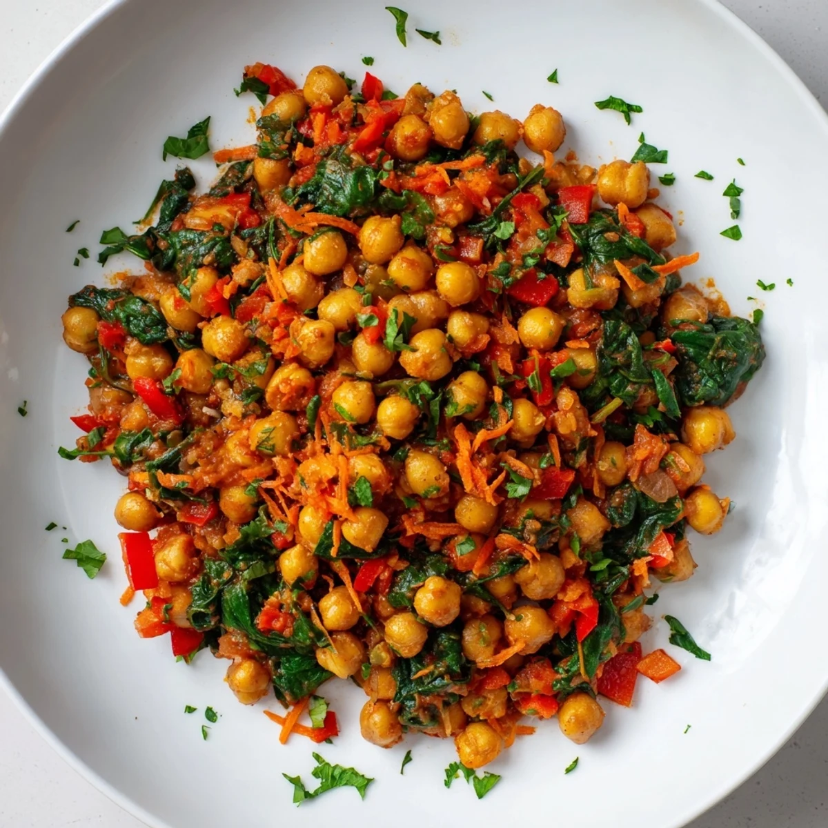 A flavorful close-up of the Mediterranean-inspired Vegetarian Chickpea & Spinach Skillet, brimming with spices.