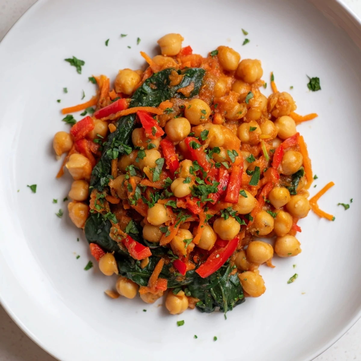 Warm, comforting bowl of Vegetarian Chickpea & Spinach Skillet with tomatoes and herbs; easy weeknight meal.