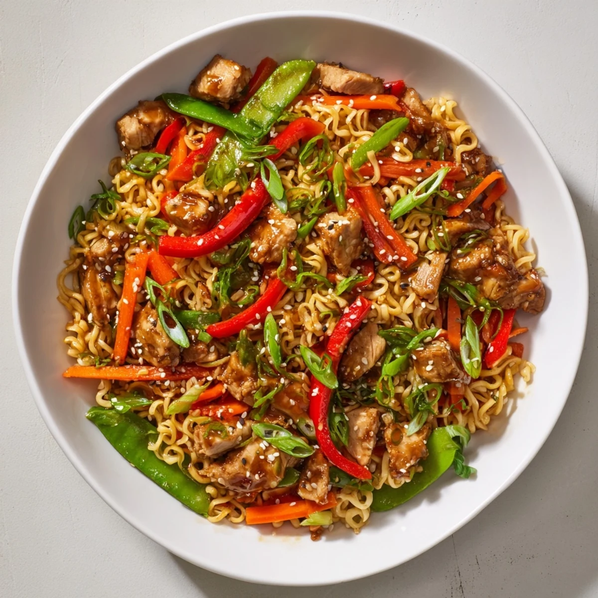 A close-up of delicious Sheet-Pan Crispy Ramen with chicken: browned noodles, glazed vegetables, and herbs.
